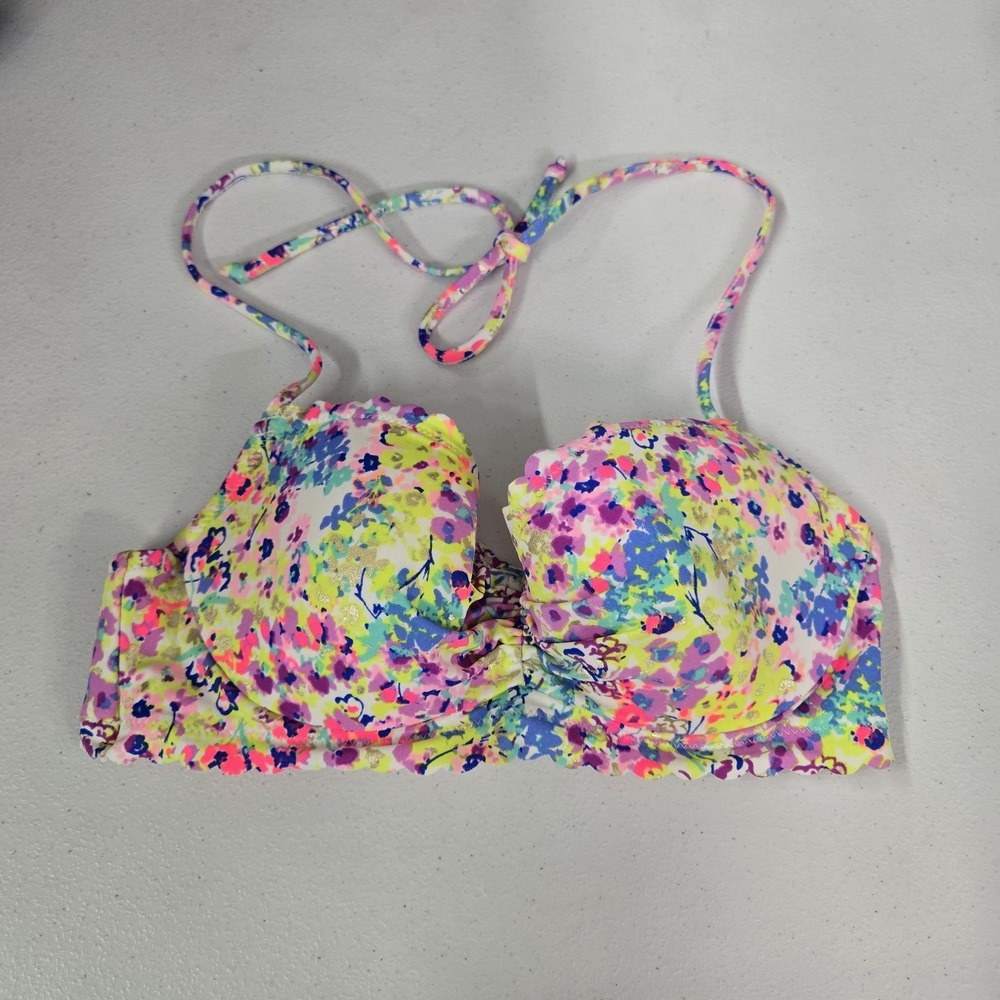 Victoria's Secret Women Swimwear 32C Yellow Neon Floral Print Halter Underwire